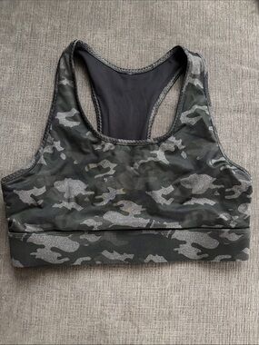 Fabletics Olive and Gray Camo Racerback Sports Bra